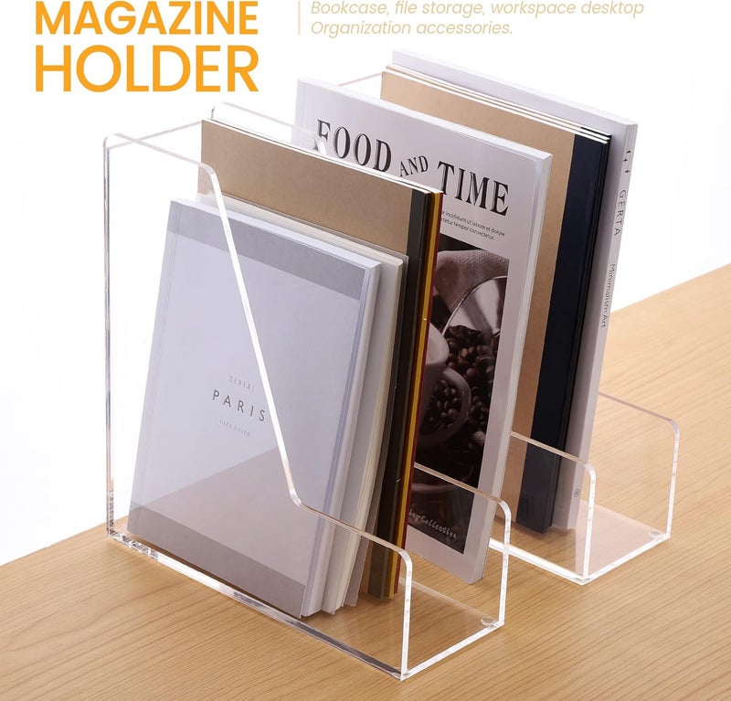 HeZone Magazine Holder, Clear Acrylic Desk Organizers, File Organizer for Desk, Magazine Rack- Desktop Book Storage -Independent Vertical 1 Space-2 Pack - Image 2